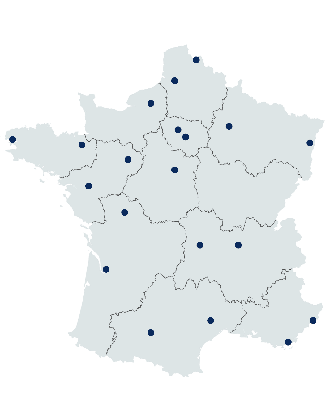 Carte de France qui indique les villes où se trouve les centres de formation pro RH Reflex